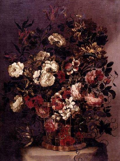 CORTE, Gabriel de la. Still-Life of Flowers in a Woven Basket